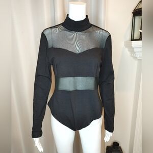 May & Maya "All The Single Ladies" Contrast Sheer Mesh Panel Accents Bodysuit, L